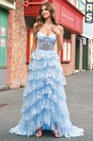 Laden Sie das Bild in den Galerie-Viewer, Trägerloses blaues A-Linie Pailletten korsett gestuftes langes Ballkleid