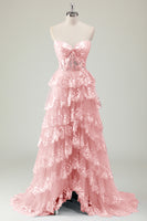 Laden Sie das Bild in den Galerie-Viewer, Trägerloses blaues A-Linie Pailletten korsett gestuftes langes Ballkleid