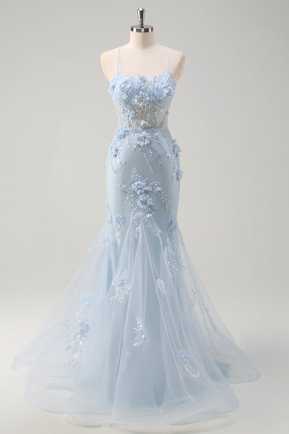 Blaue Meerjungfrau Spaghettiträger Tüll Langes Korsett Ballkleid mit 3D Blumen