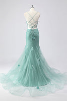 Laden Sie das Bild in den Galerie-Viewer, Blaues Meerjungfrauen Korsett Tüll Langes Plus Size Ballkleid mit 3D-Blumen