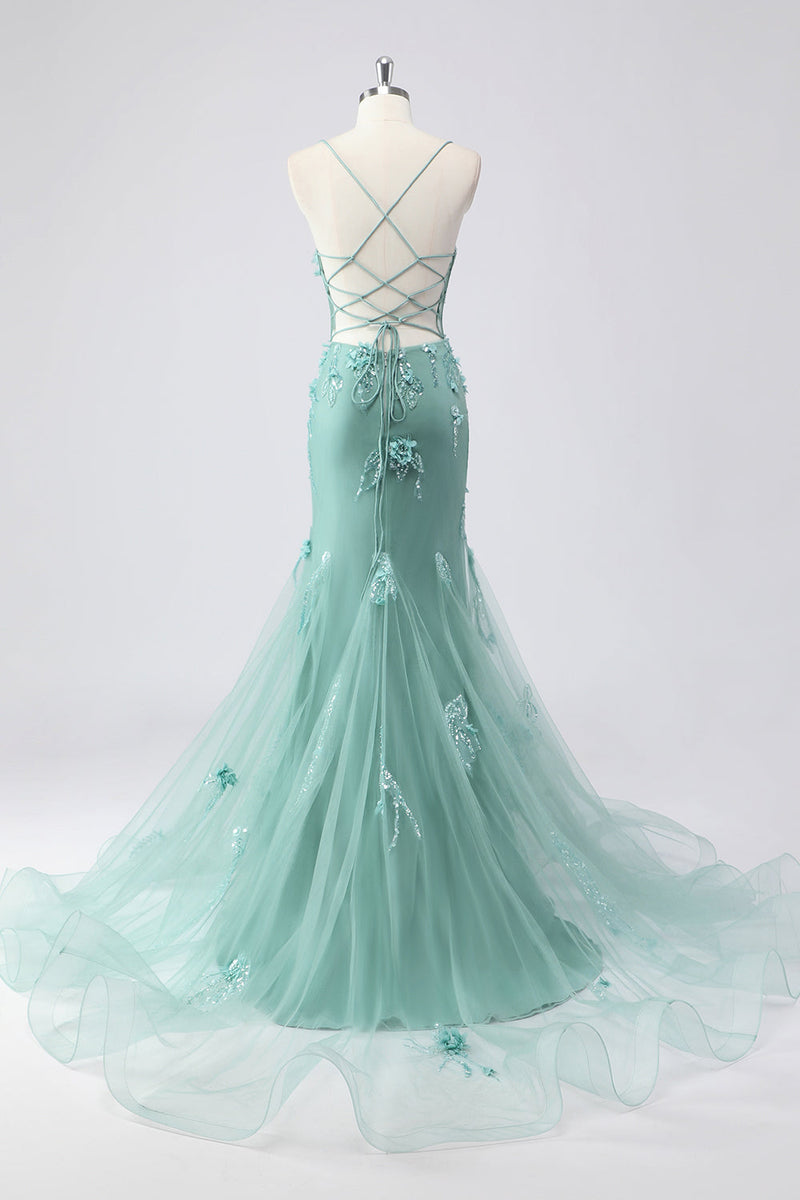 Laden Sie das Bild in den Galerie-Viewer, Blaues Meerjungfrauen Korsett Tüll Langes Plus Size Ballkleid mit 3D-Blumen