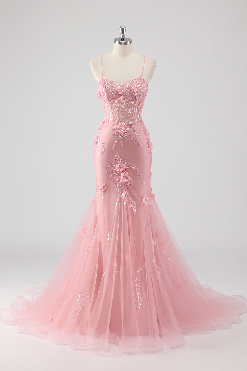 Laden Sie das Bild in den Galerie-Viewer, Blaues Meerjungfrauen Korsett Tüll Langes Plus Size Ballkleid mit 3D-Blumen