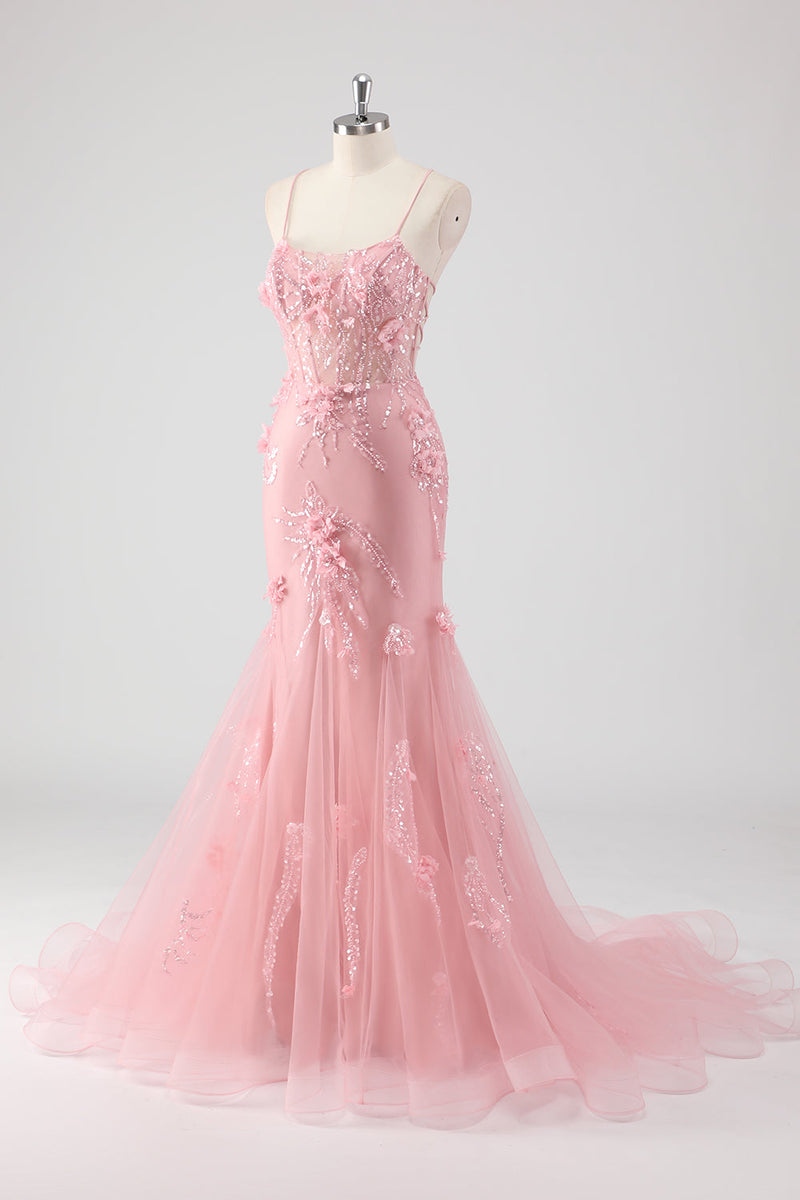 Laden Sie das Bild in den Galerie-Viewer, Blaues Meerjungfrauen Korsett Tüll Langes Plus Size Ballkleid mit 3D-Blumen