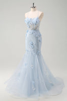 Laden Sie das Bild in den Galerie-Viewer, Blaues Meerjungfrauen Korsett Tüll Langes Plus Size Ballkleid mit 3D-Blumen