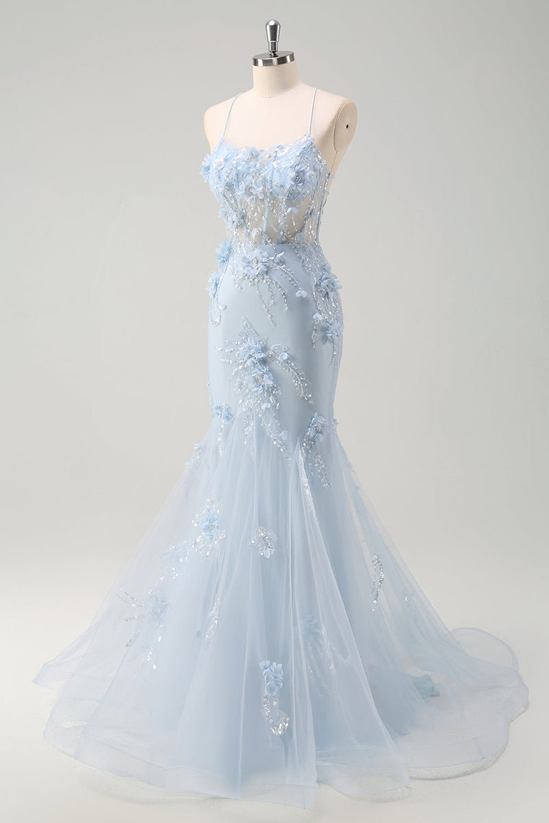 Laden Sie das Bild in den Galerie-Viewer, Blaues Meerjungfrauen Korsett Tüll Langes Plus Size Ballkleid mit 3D-Blumen
