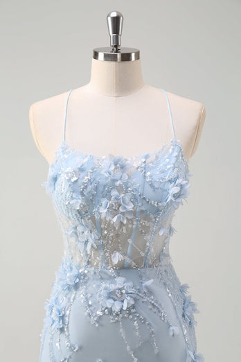 Blaue Meerjungfrau Spaghettiträger Tüll Langes Korsett Ballkleid mit 3D Blumen