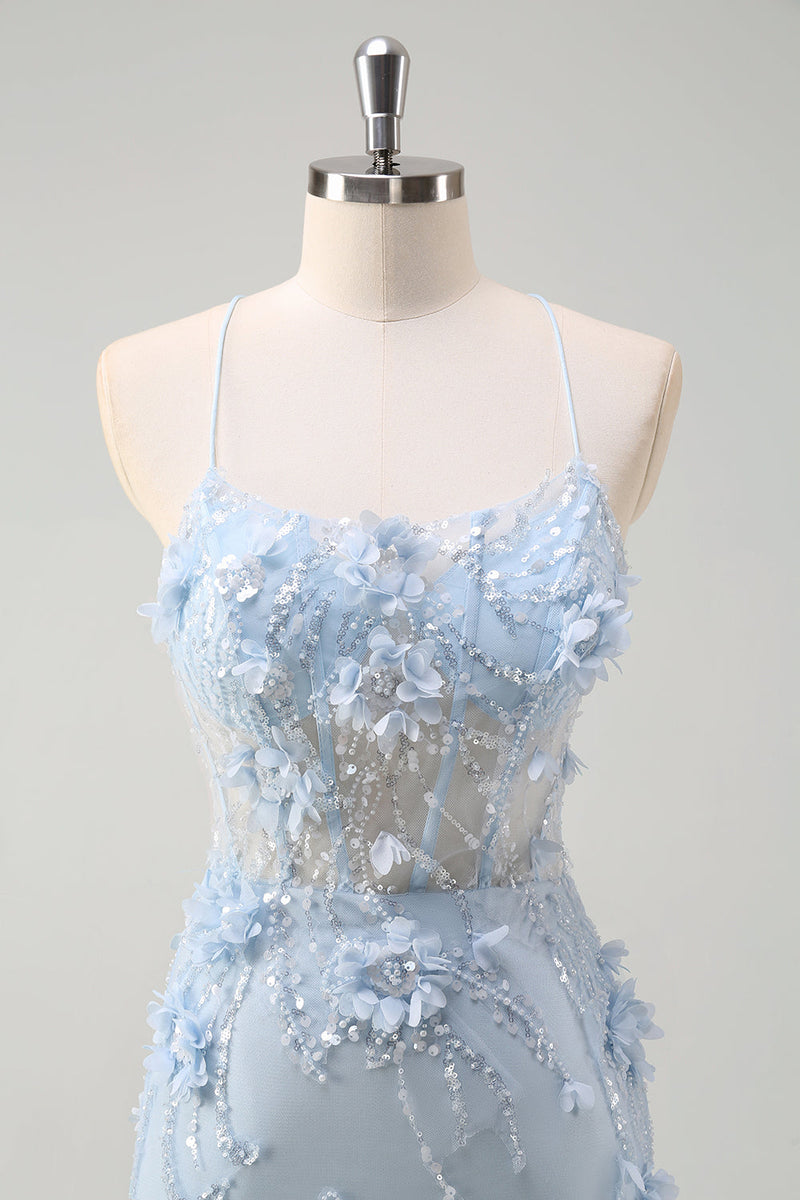 Laden Sie das Bild in den Galerie-Viewer, Blaue Meerjungfrau Spaghettiträger Tüll Langes Korsett Ballkleid mit 3D Blumen