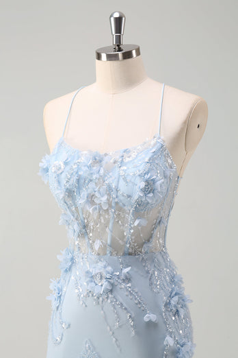 Blaue Meerjungfrau Spaghettiträger Tüll Langes Korsett Ballkleid mit 3D Blumen