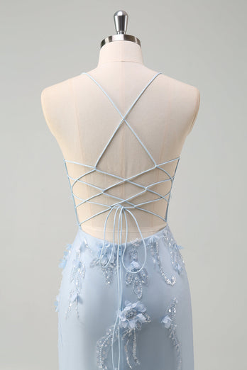 Blaue Meerjungfrau Spaghettiträger Tüll Langes Korsett Ballkleid mit 3D Blumen