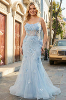 Laden Sie das Bild in den Galerie-Viewer, Blaues Meerjungfrauen Korsett Tüll Langes Plus Size Ballkleid mit 3D-Blumen