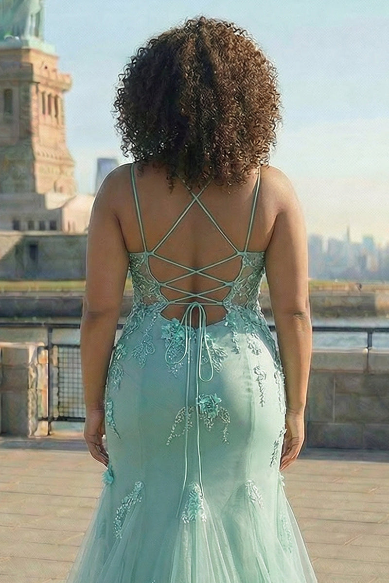 Laden Sie das Bild in den Galerie-Viewer, Grünes Meerjungfrauen Korsett 3D-Blumen Übergröße Langes Ballkleid mit Schnürung hinten