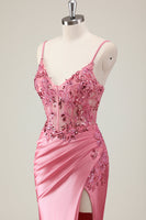 Laden Sie das Bild in den Galerie-Viewer, Funkelndes Korallen Meerjungfrau Pailletten Spaghettiträger Korsett Langes Ballkleid mit Schlitz