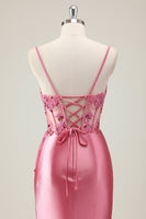 Laden Sie das Bild in den Galerie-Viewer, Funkelndes Korallen Meerjungfrau Pailletten Spaghettiträger Korsett Langes Ballkleid mit Schlitz