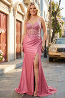 Laden Sie das Bild in den Galerie-Viewer, Glitzerndes Koralle Meerjungfrauen Spaghetti-Träger Korsett Langes Plus Size Ballkleid mit Schlitz