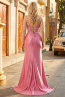 Laden Sie das Bild in den Galerie-Viewer, Funkelndes Korallen Meerjungfrau Pailletten Spaghettiträger Korsett Langes Ballkleid mit Schlitz