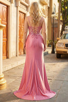Laden Sie das Bild in den Galerie-Viewer, Glitzerndes Koralle Meerjungfrauen Spaghetti-Träger Korsett Langes Plus Size Ballkleid mit Schlitz