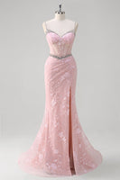 Laden Sie das Bild in den Galerie-Viewer, Rosa Meerjungfrau Spaghettiträger Pailletten Blumen Korsett Ballkleid mit Perlen