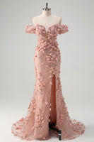 Laden Sie das Bild in den Galerie-Viewer, ZAPAKA Damen Blush Ballkleid mit 3D Blumen Meerjungfrau Schulterfreies Langes Abendkleid mit Schlitz