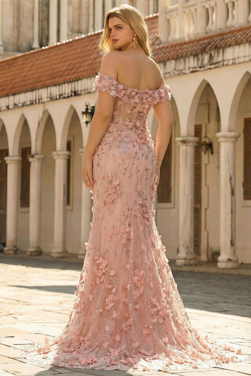 Laden Sie das Bild in den Galerie-Viewer, Blush 3D-Blumen Meerjungfrauen Schulterfreies Langes Plus Size Ballkleid mit Schlitz