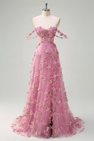 Laden Sie das Bild in den Galerie-Viewer, Zapaka Damen Taro Ballkleid mit 3D-Blumen Schnürung Rücken A-Linie Schulterfreies Korsett Langes Abendkleid mit Schlitz