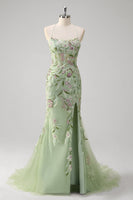 Laden Sie das Bild in den Galerie-Viewer, Grünes Meerjungfrauen Neckholder Korsett appliziertes langes Ballkleid mit Schlitz