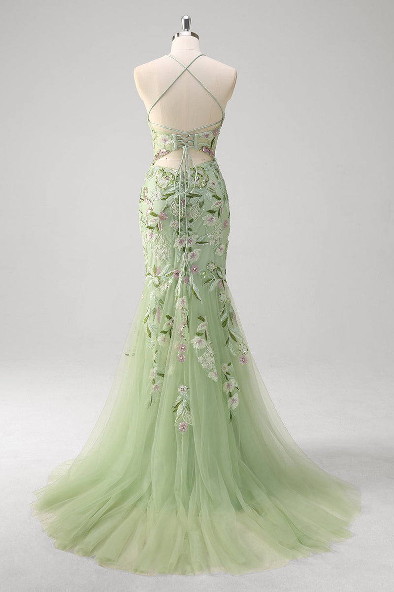 Laden Sie das Bild in den Galerie-Viewer, Grünes Meerjungfrauen Korsett Besticktes Langes Plus Size Ballkleid mit Schlitz