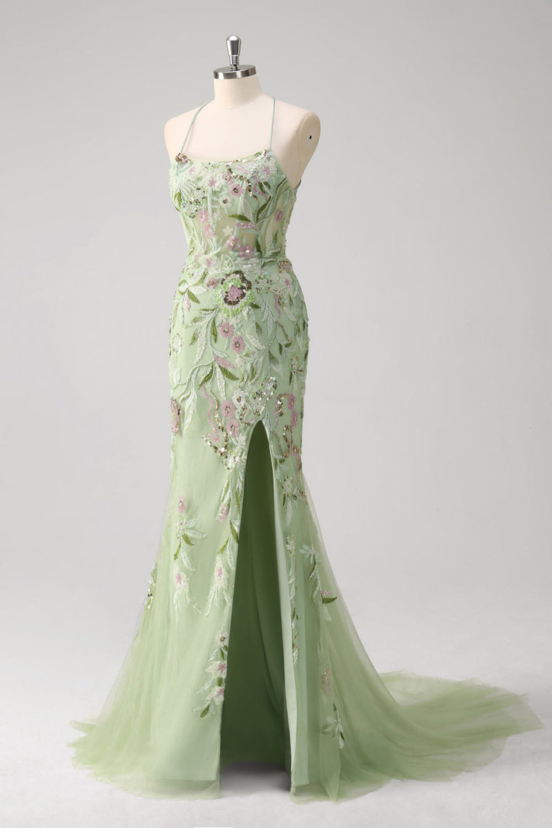 Laden Sie das Bild in den Galerie-Viewer, Grünes Meerjungfrauen Korsett Besticktes Langes Plus Size Ballkleid mit Schlitz