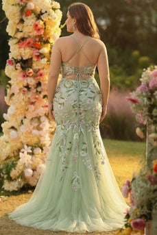 Grünes Meerjungfrauen Korsett Besticktes Langes Plus Size Ballkleid mit Schlitz