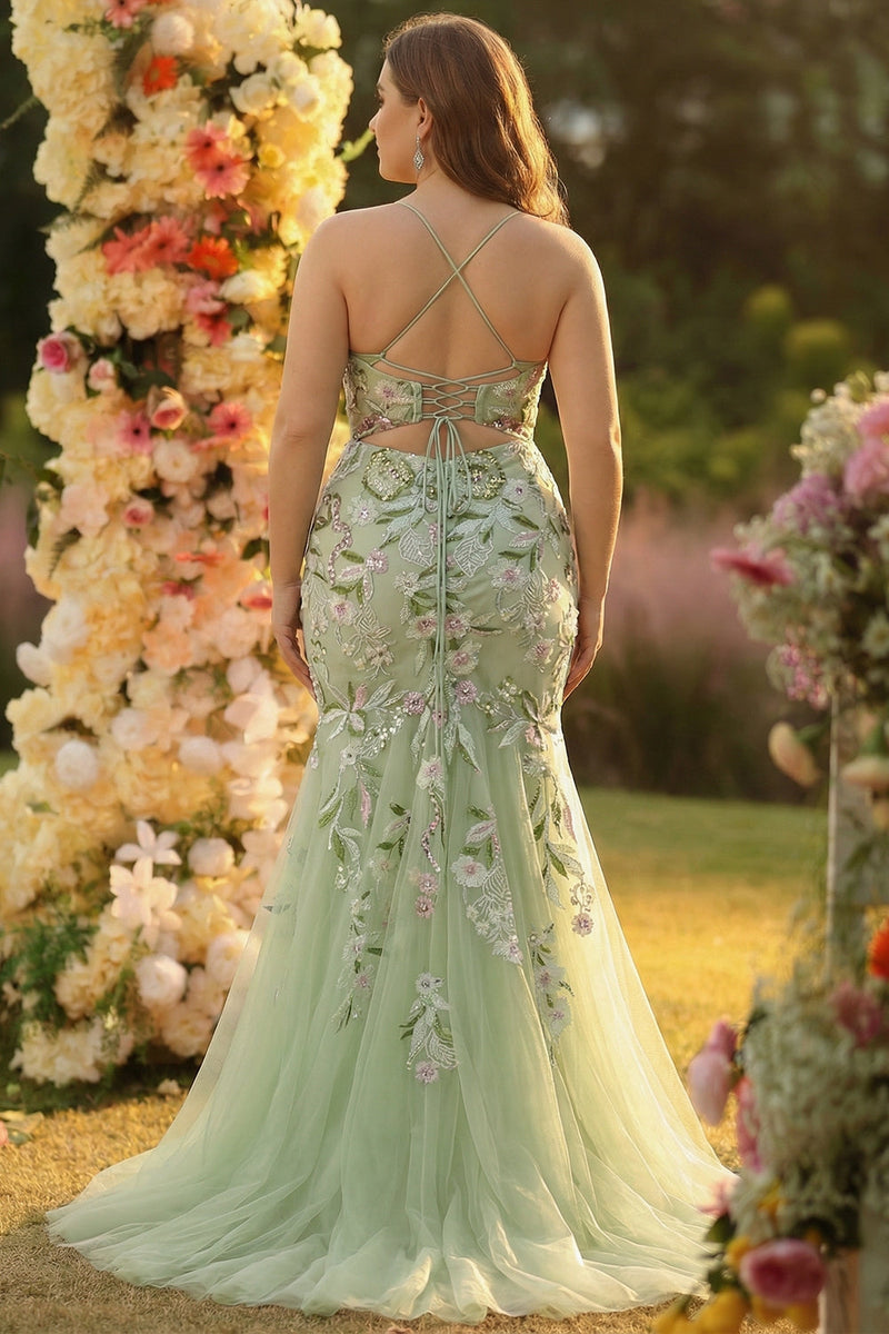 Laden Sie das Bild in den Galerie-Viewer, Grünes Meerjungfrauen Korsett Besticktes Langes Plus Size Ballkleid mit Schlitz