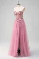 Laden Sie das Bild in den Galerie-Viewer, Taro Lila A-Linie trägerloses 3D-Blumen Korsett Langes Ballkleid mit Schlitz