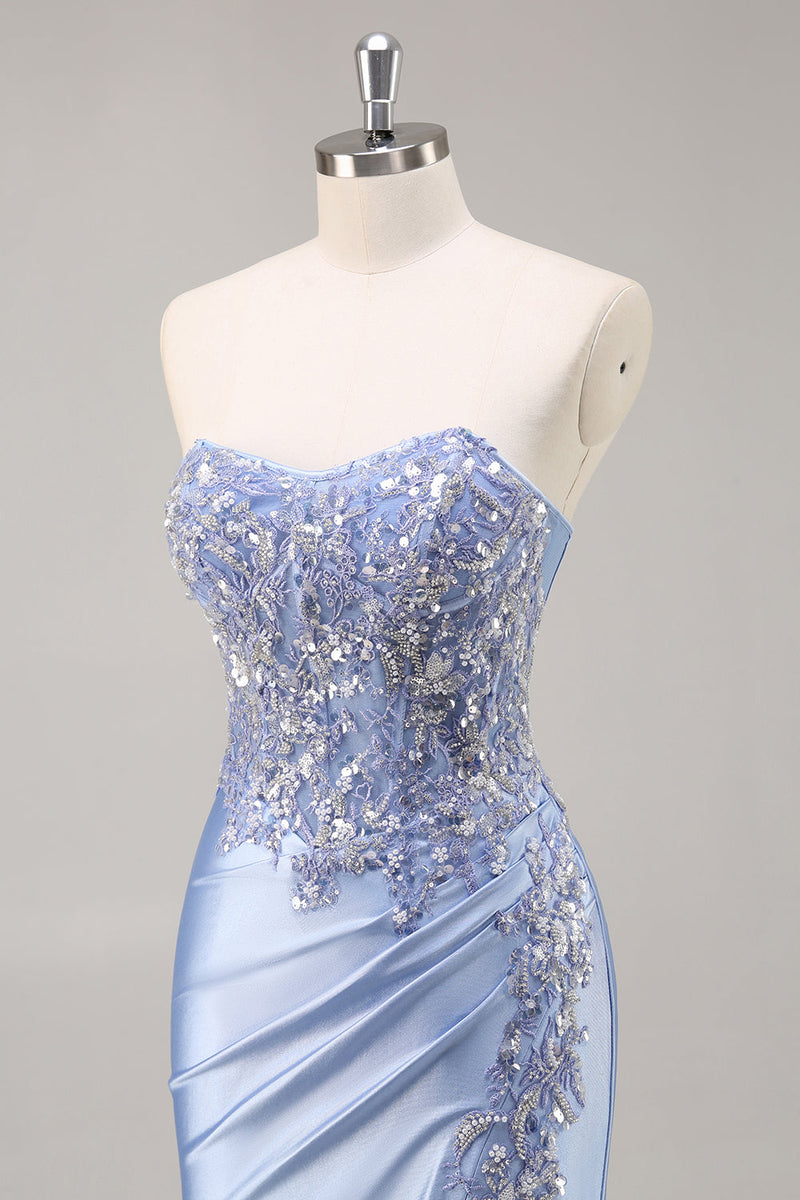 Laden Sie das Bild in den Galerie-Viewer, Trägerloses Meerjungfrauen Dunkelgrünes Pailletten Ballkleid mit Schlitz