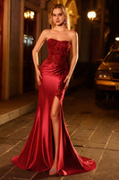 Laden Sie das Bild in den Galerie-Viewer, Burgunder Meerjungfrauen Trägerloses Pailletten Langes Ballkleid mit Perlen