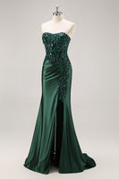 Laden Sie das Bild in den Galerie-Viewer, Burgunder Meerjungfrauen Trägerloses Pailletten Langes Ballkleid mit Perlen