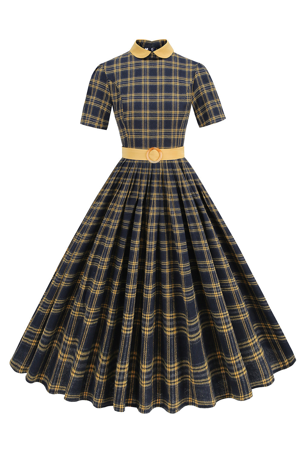 Schwarzes A-Linie kariertes Midikleid mit Bubikragen aus den 1950er Jahren