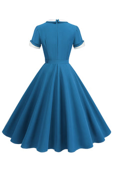 Blaues A-Linie Midikleid aus den 1950er Jahren mit Rundhalsausschnitt