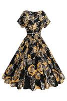 Laden Sie das Bild in den Galerie-Viewer, Schwarzes A-Linie U-Boot-Ausschnitt Midi Kleid aus den 1950er Jahren mit Rosenprint