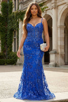 Laden Sie das Bild in den Galerie-Viewer, Königsblaues Pailletten Transparentes Korsett Meerjungfrau Langes Übergröße Ballkleid