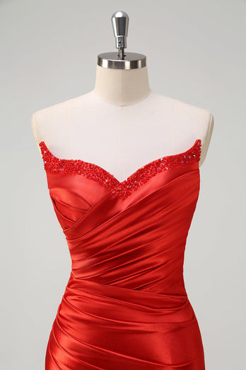 Rotes Meerjungfrauen Satin Trägerloses Pailletten Langes Ballkleid mit Schlitz