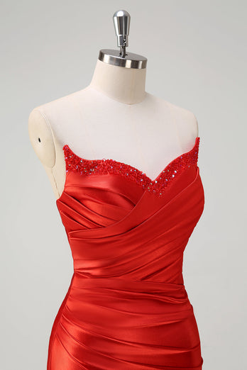 Rotes Meerjungfrauen Satin Trägerloses Pailletten Langes Ballkleid mit Schlitz