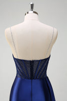 Laden Sie das Bild in den Galerie-Viewer, Marineblaues Meerjungfrau Watteau Train Korsett V-Ausschnitt Perlenbesetztes Ballkleid mit Schlitz