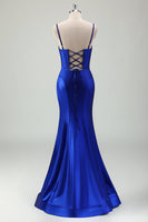 Laden Sie das Bild in den Galerie-Viewer, Königsblaues Meerjungfrau Spaghettiträger Korsett Satin Langes Ballkleid mit Schlitz