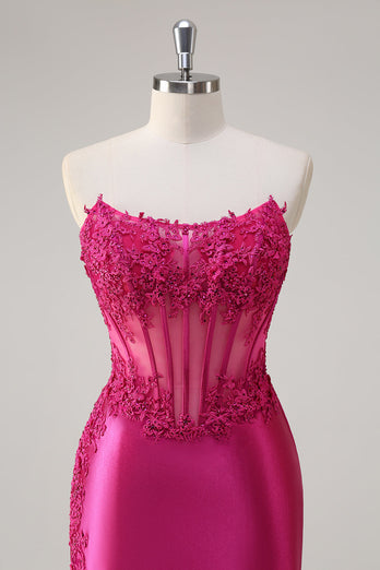 Glitzerndes fuchsia Meerjungfrau trägerloses Korsett Applikationen Langes Ballkleid mit Schlitz