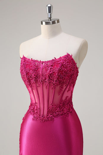 Glitzerndes fuchsia Meerjungfrau trägerloses Korsett Applikationen Langes Ballkleid mit Schlitz