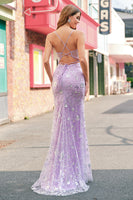 Laden Sie das Bild in den Galerie-Viewer, Lila Meerjungfrau Spaghettiträger Korsett Pailletten Ballkleid mit Schlitz