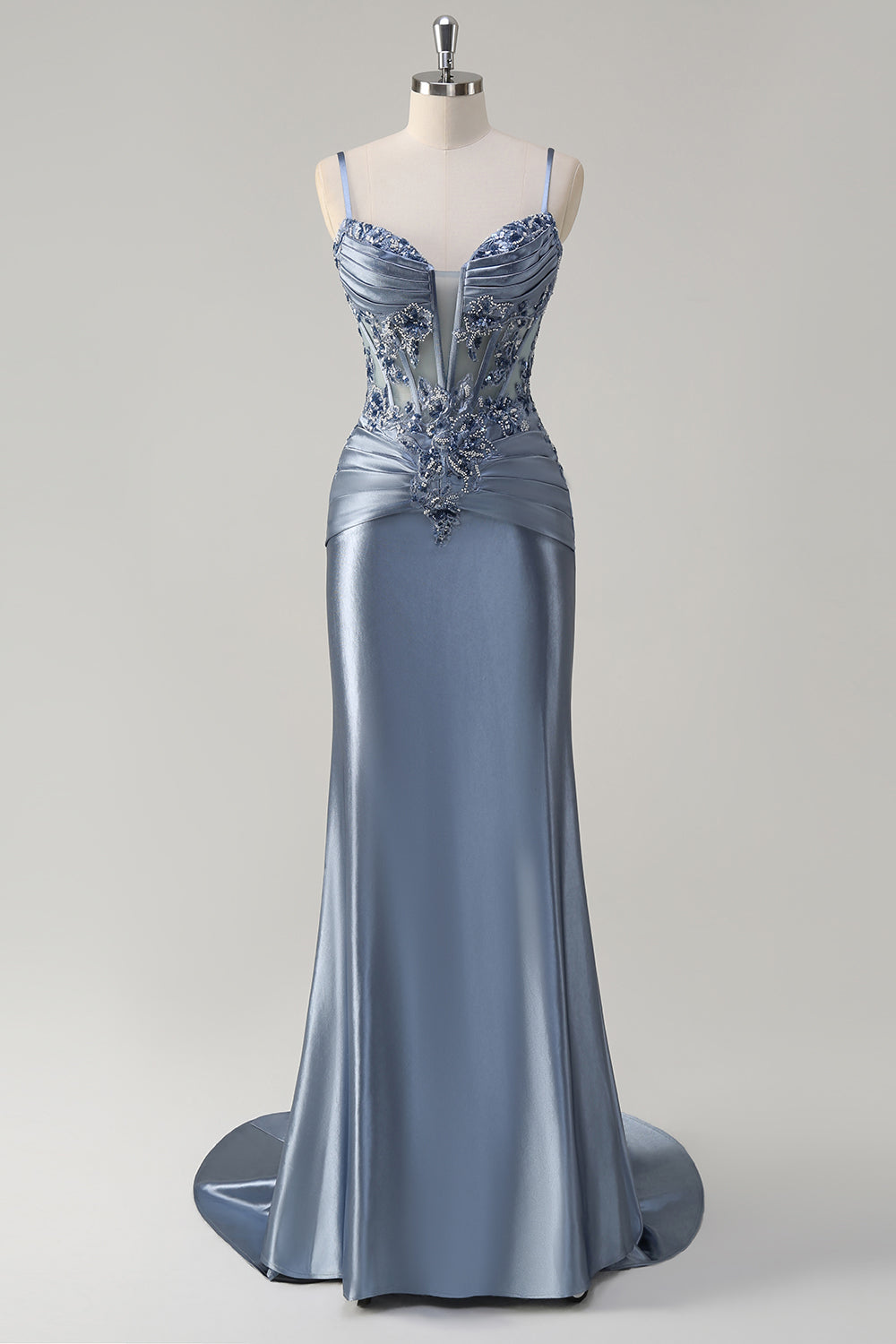 Glitzerndes graues blaues Meerjungfrauen Spaghettiträger Korsett appliziertes langes Ballkleid mit Schlitz