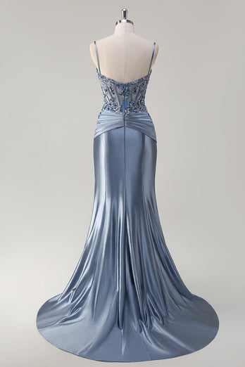 Glitzerndes graues blaues Meerjungfrauen Spaghettiträger Korsett appliziertes langes Ballkleid mit Schlitz