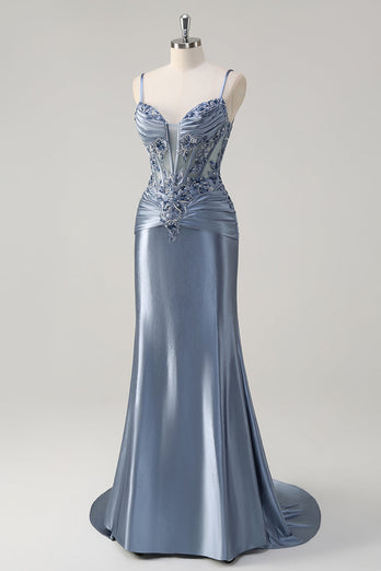 Glitzerndes graues blaues Meerjungfrauen Spaghettiträger Korsett appliziertes langes Ballkleid mit Schlitz