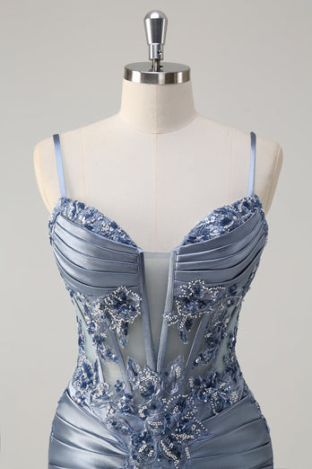 Glitzerndes graues blaues Meerjungfrauen Spaghettiträger Korsett appliziertes langes Ballkleid mit Schlitz