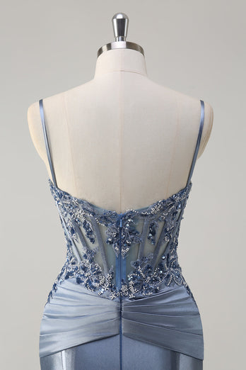 Glitzerndes graues blaues Meerjungfrauen Spaghettiträger Korsett appliziertes langes Ballkleid mit Schlitz