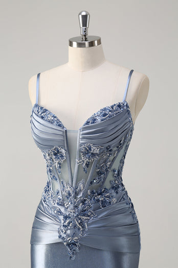 Glitzerndes graues blaues Meerjungfrauen Spaghettiträger Korsett appliziertes langes Ballkleid mit Schlitz